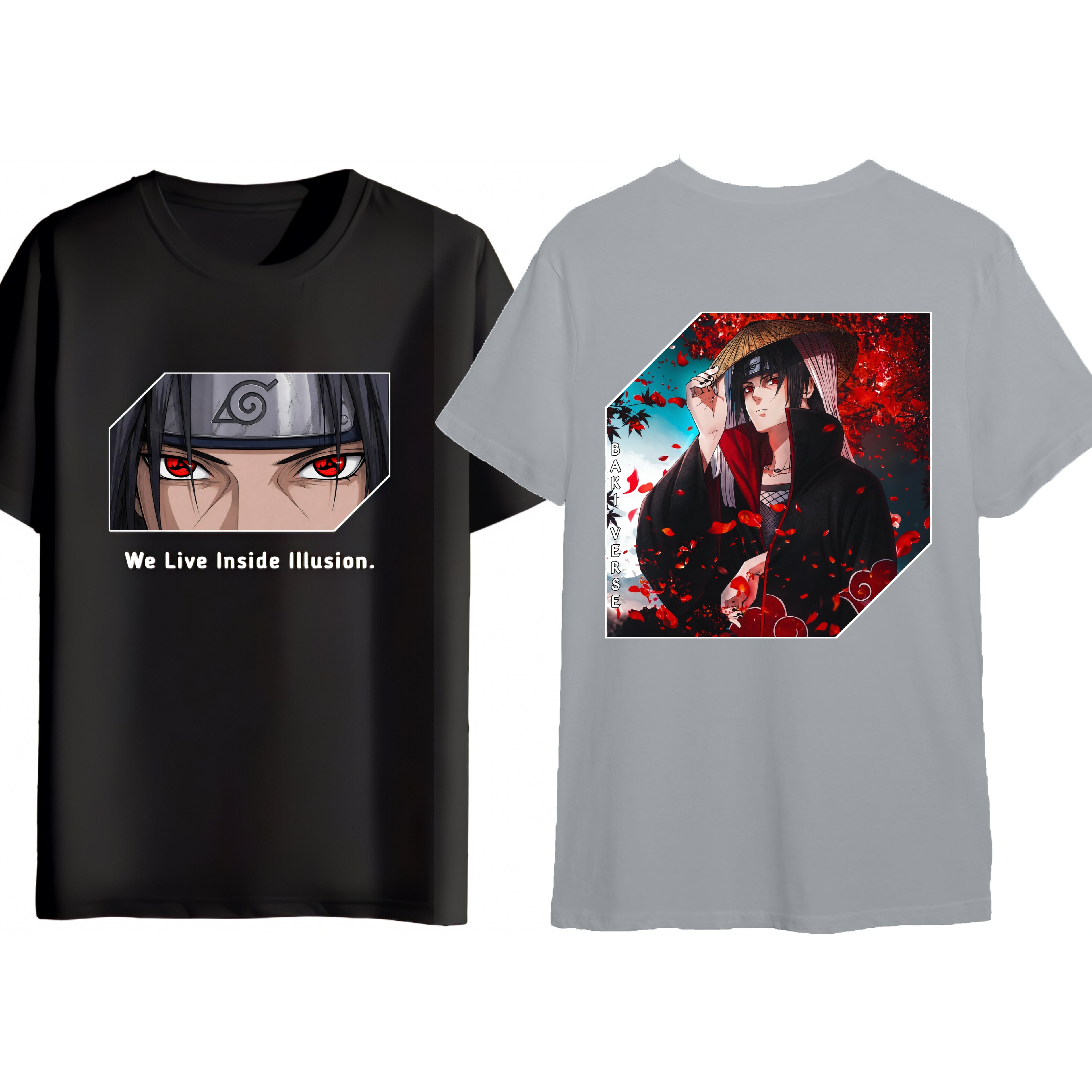 Two graphic T-shirts shown side by side on a plain white background: a black short-sleeve shirt with a large anime-style character print and the text 'We Live Inside Illusion.' on the front, and a light gray short-sleeve shirt with a large matching character print on the back.