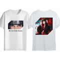 Two white short-sleeve T-shirts shown front and back on a plain white background. The back shirt has a rectangular anime-style graphic with red eyes and the text 'We Live Inside Illusion.