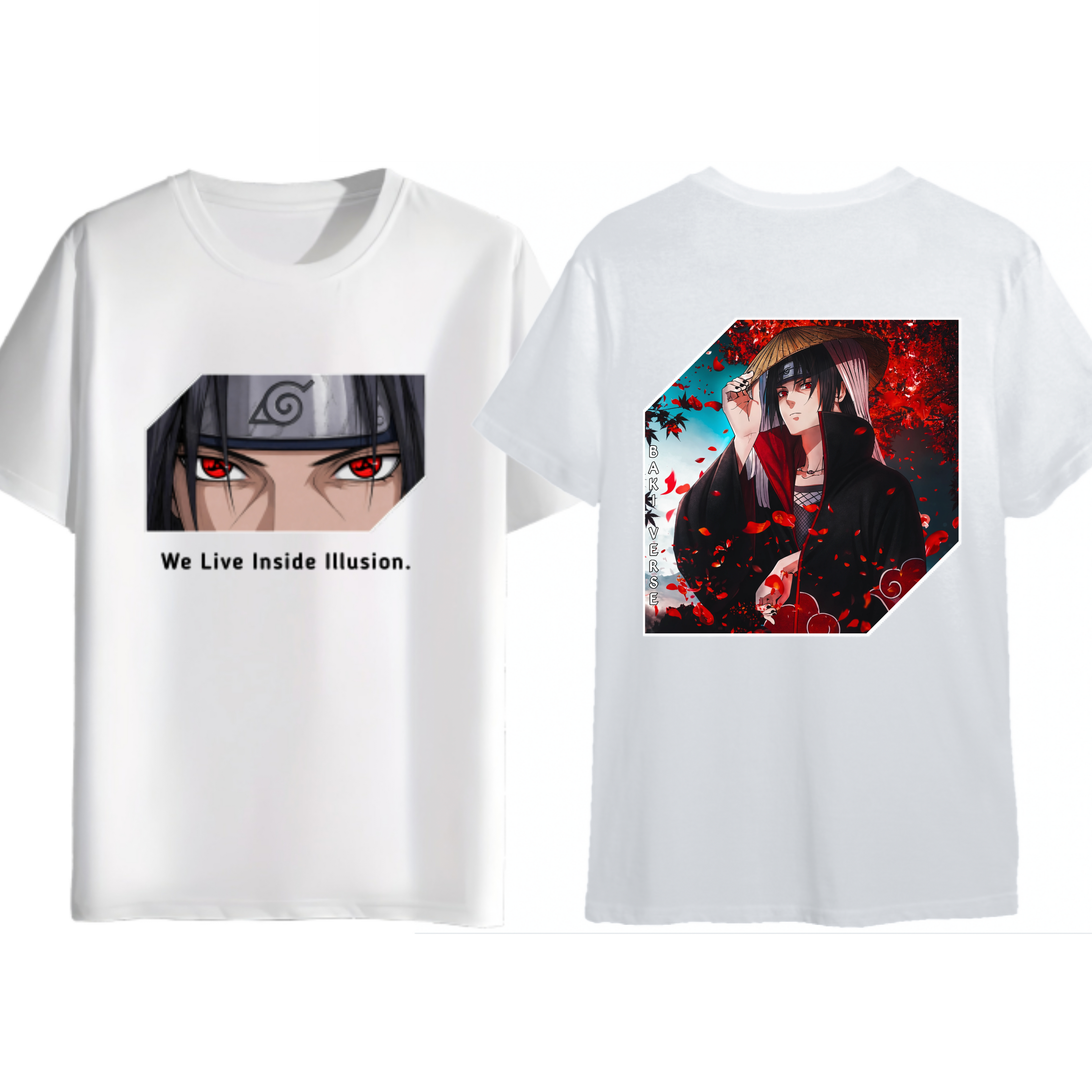 Two white short-sleeve T-shirts shown front and back on a plain white background. The back shirt has a rectangular anime-style graphic with red eyes and the text 'We Live Inside Illusion.