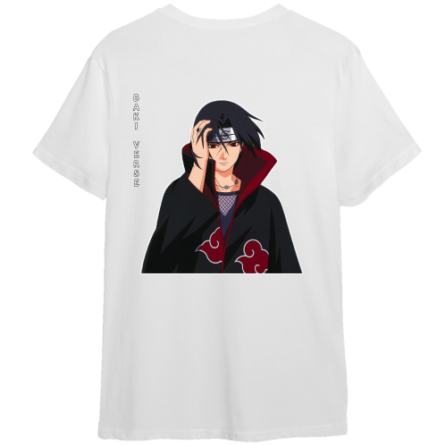 White short-sleeve T-shirt shown flat against a white background, featuring a large anime-style character graphic on the front. The character wears a black Akatsuki cloak with red cloud motifs and a silver headband.