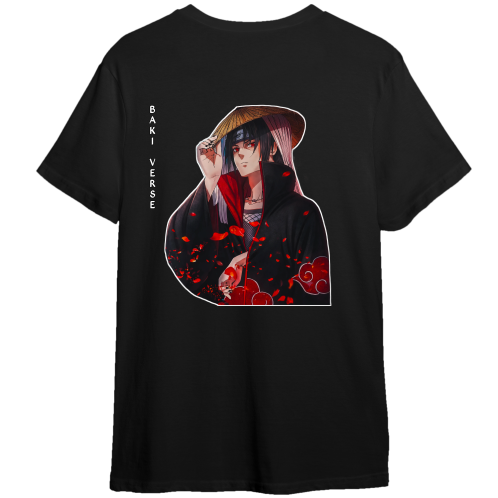A black short-sleeve t-shirt featuring a large anime graphic of the character Itachi Uchiha from Naruto, complete with a straw hat, red cloud pattern, and vertical text reading 'Baki Verses'.