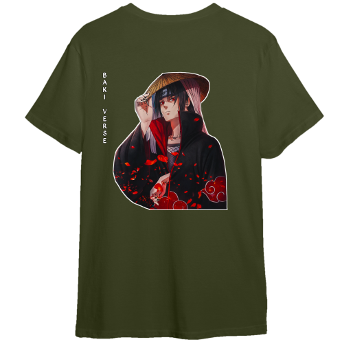 An olive green short-sleeve t-shirt featuring a large graphic print of the anime character Itachi Uchiha on the back, with vertical text reading 'BAKI VERSE' on the left side of the print.