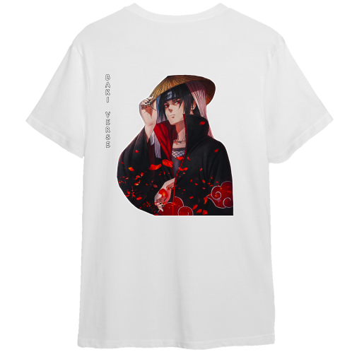 A white short-sleeve t-shirt featuring a large graphic print of an anime character wearing a conical hat and a black cloud-patterned robe with red clouds, accompanied by vertical text on the left side of the print.