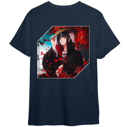 A navy blue short-sleeve t-shirt with a large graphic print on the front. The graphic features an anime-style character wearing a straw hat and black robes, surrounded by red petals, with the text 'BAKI VERSE' printed vertically on the left side of the print.