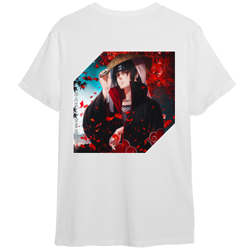 A white short-sleeve t-shirt with a large, colorful anime-style graphic print on the front, showing a character in a black cloak surrounded by red petals.
