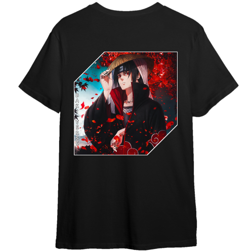 A black short-sleeve t-shirt with a large graphic print on the front, featuring an anime-style character in a red and black outfit with a straw hat against a background of red petals and blue sky.