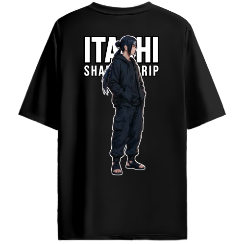 A black short-sleeve t-shirt featuring a large graphic print on the back. The graphic displays the text 'ITACHI SHADOW DRIP' in bold white letters above an illustration of the character Itachi Uchiha in a black outfit with a white outline.