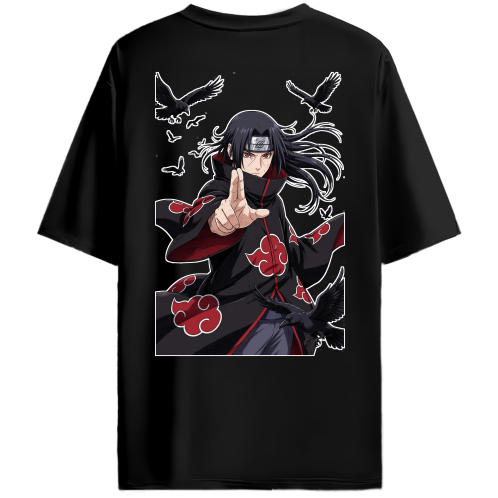 A black short-sleeve t-shirt featuring a large graphic print of the anime character Itachi Uchiha from Naruto, with red and black Akatsuki clouds and Crows on a white background.