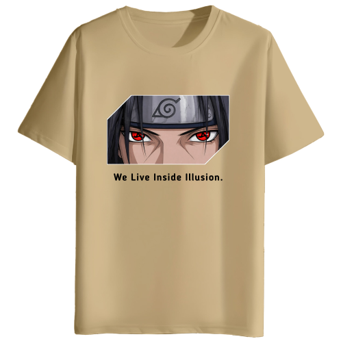A beige short-sleeve t-shirt featuring a graphic print of the anime character Itachi from Naruto with red Sharingan eyes and the text 'We Live Inside Illusion.' printed below.