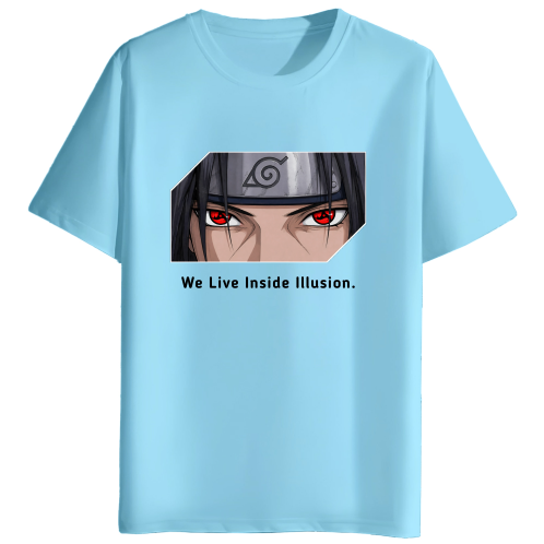 A light blue short-sleeve t-shirt featuring a graphic print of an anime character's eyes with red Sharingan rings and the text 'We Live Inside Illusion.' printed below.