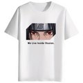 A white short-sleeve crewneck t-shirt featuring a graphic print of the anime character Itachi Uchiha with red Sharingan eyes and the text 'We Live Inside Illusion.' printed below.