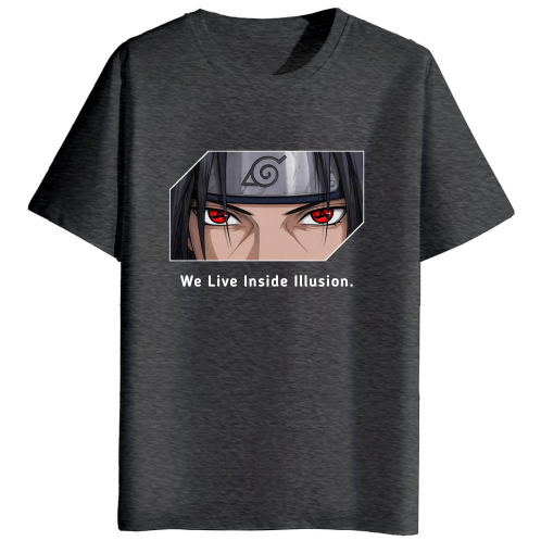 A dark heather gray t-shirt featuring a graphic print of an anime character's eyes with red Sharingan rings and the text 'We Live Inside Illusion.' below, displayed on a solid white background.