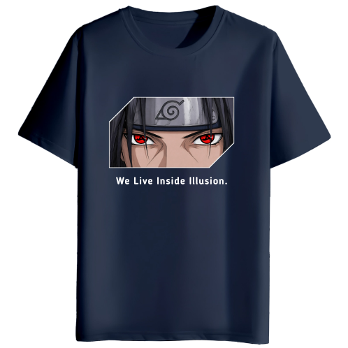 A navy blue short-sleeve t-shirt with a graphic print of an anime character's eyes and the text 'We Live Inside Illusion.' on the front, displayed against a solid white background.