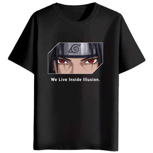 A black short-sleeve crewneck t-shirt featuring a graphic print of the anime character Itachi Uchiha with his red Sharingan eyes and the text 'We Live Inside Illusion.' printed below.
