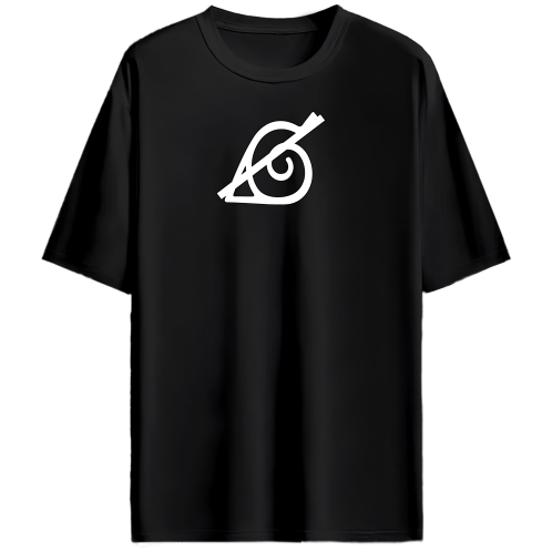 A black short-sleeve crewneck t-shirt featuring a white printed Naruto Uzumaki leaf symbol on the center chest, displayed against a solid white background.